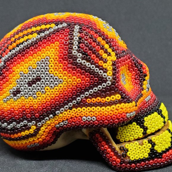Huichol Beaded Skull on carved fish bone. ~ Handcrafted by Huichol artist - Picture 6 of 9